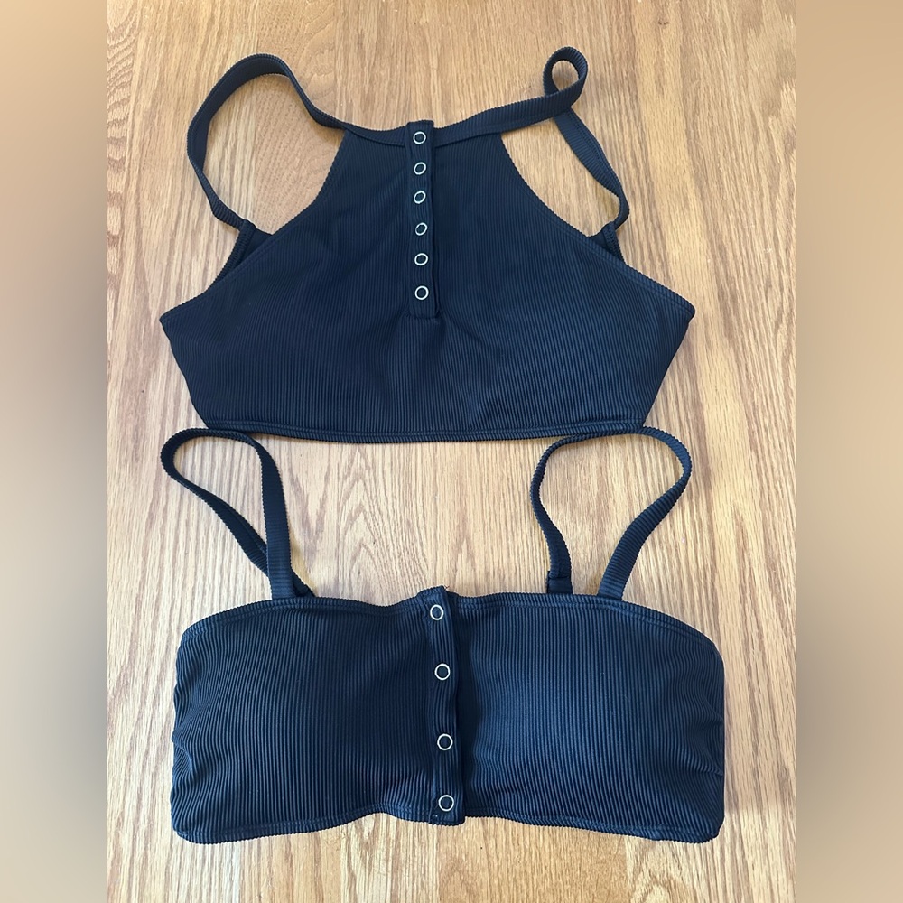 TWO Aerie women Swim Top Bikini Snap Front Ribbed Black Sz Medium